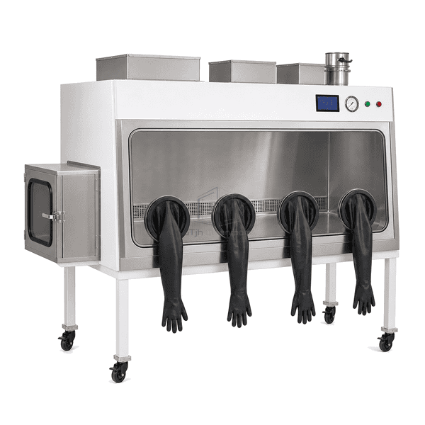 Complete low-angle Class III biosafety cabinet showing cabinet depth, four glove ports, material pass-through and exhaust collar