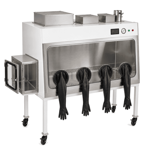 Class III biosafety cabinet with the outer pass-through door open to show the compression gasket and closed inner barrier
