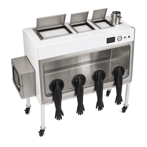 Class III biosafety cabinet service view with one supply HEPA and two serial exhaust filter stages exposed