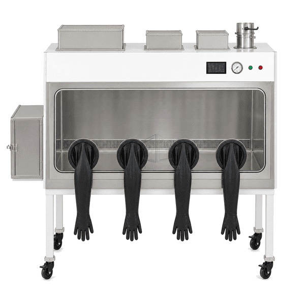 Straight front elevation of Class III biosafety cabinet showing the sealed viewing window, four attached gloves and pressure controls