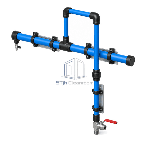 Complete clean compressed air piping elevated far-side view emphasizing the long 40 mm header axis, three galvanized rails and crown-fed branch