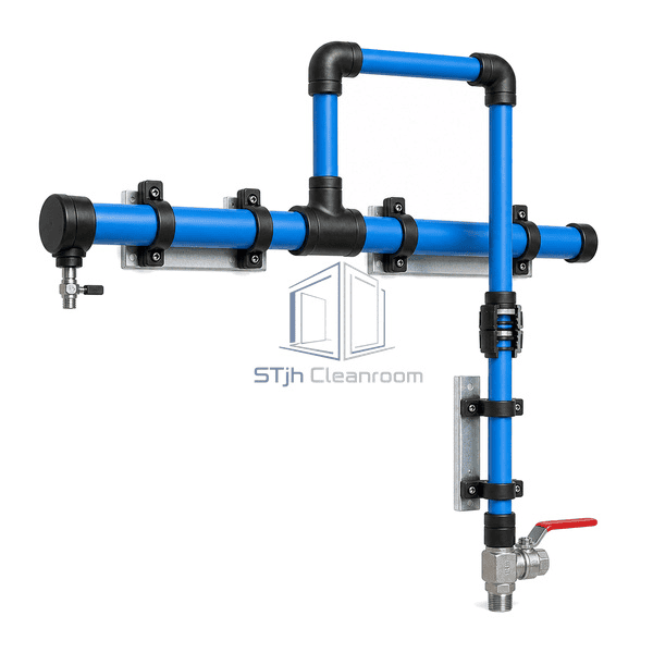 Complete clean compressed air piping side view with one controlled push-fit union cutaway exposing the gripping ring and NBR seal