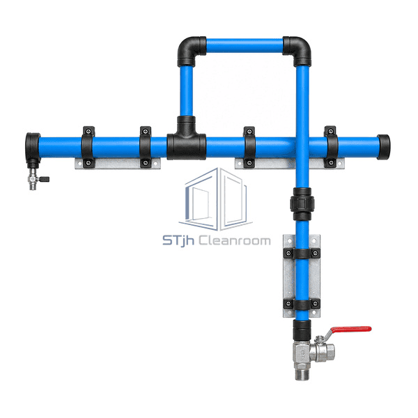 Clean compressed air piping straight front elevation showing the complete sloped header, upward reducing tee, two-elbow drop and six support clips