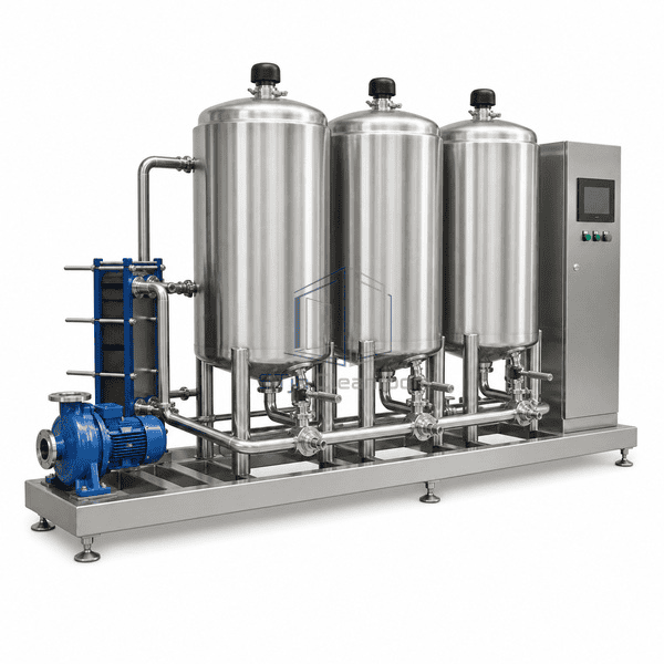 Clean-in-place system side view of three stainless solution tanks