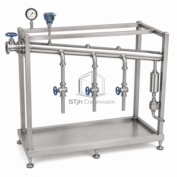 Clean steam distribution system elevated view of the complete sloped header, take-offs and supported manifold