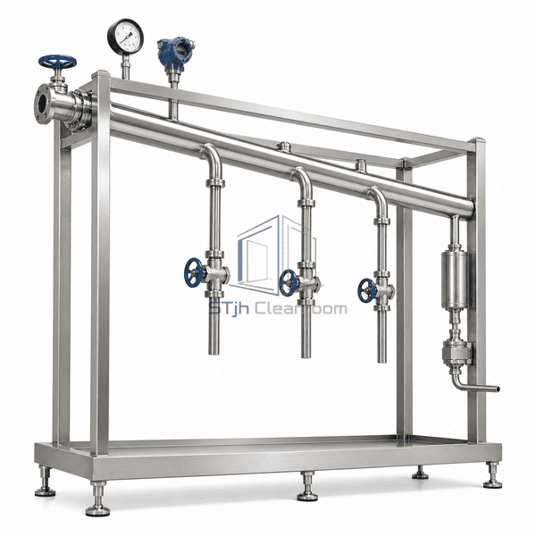 Clean steam distribution system complete low oblique view emphasizing inlet valve, gauge and transmitter joints