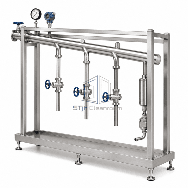 Clean steam distribution system right-side view highlighting the terminal drain pocket and clean-steam trap