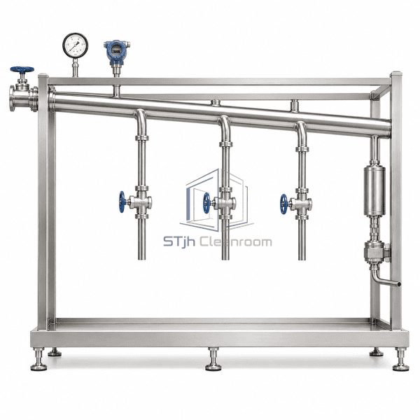 Clean steam distribution system front view showing the full header and three top-fed point-of-use branches