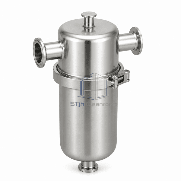 Clean steam filter elevated view showing the full horizontal inlet-to-outlet path across the vertical cartridge housing