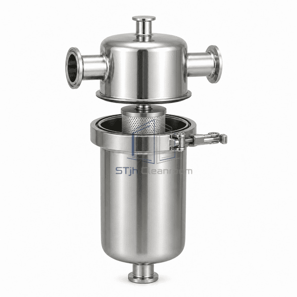 Clean steam filter open-head view revealing one sintered 316L cartridge and the sanitary clamp sealing interface