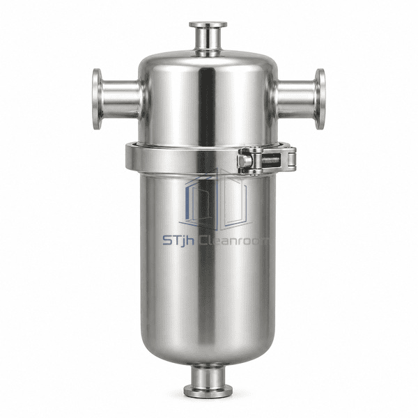 Clean steam filter front view showing the complete upright single-round housing and hinged sanitary closure clamp