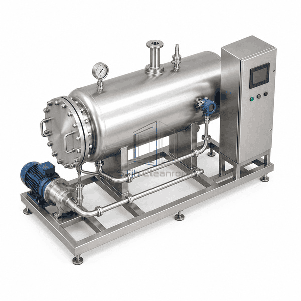 Clean steam generator high-angle view of horizontal vessel, skid and parallel sanitary piping
