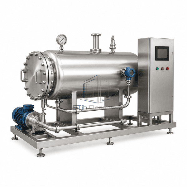 Clean steam generator complete low-angle view emphasizing clean-steam outlet and level-transmitter joints