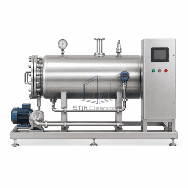 Clean steam generator straight front elevation showing horizontal vessel, pump and automated control cabinet