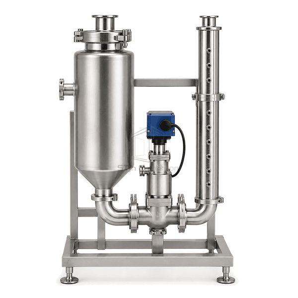 Front view of the clean steam exchange humidifier valve and vessel arrangement