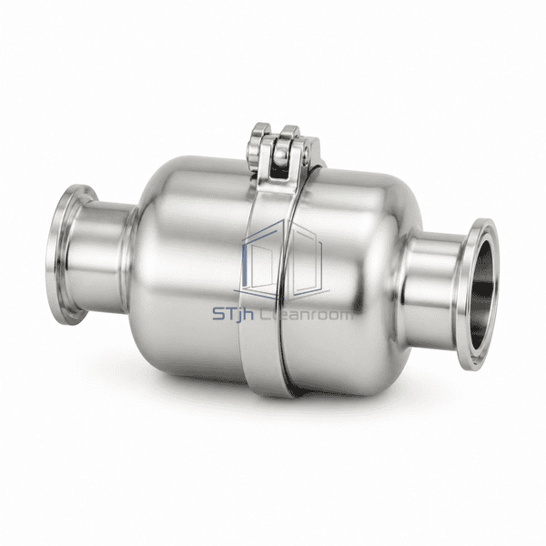 Clean steam trap horizontal display view showing both aligned Tri-Clamp ferrules and compact thermostatic body