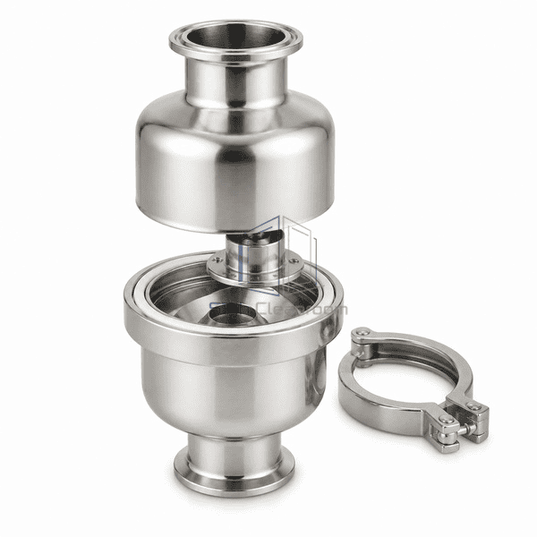 Clean steam trap open-body view revealing one 316L thermostatic capsule, angled seat and hygienic seal interface