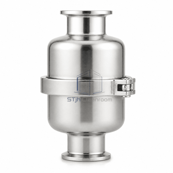Clean steam trap front view showing the complete downward-flow sanitary body from top inlet to bottom outlet
