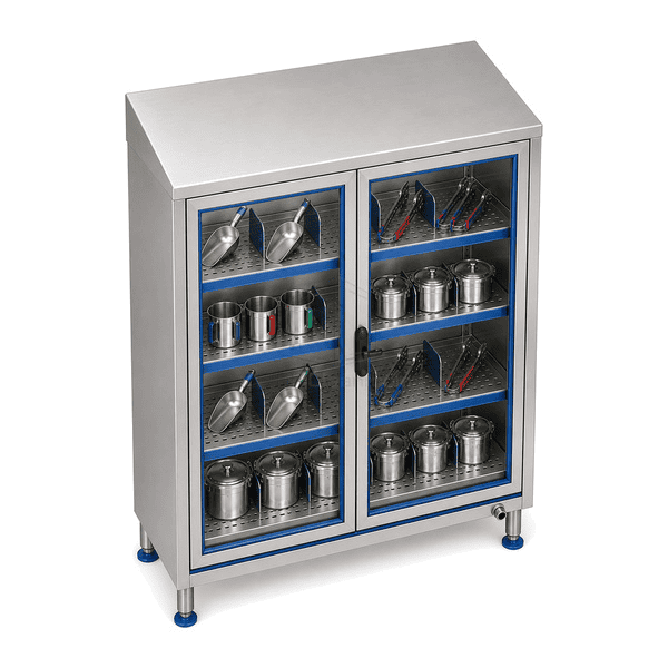 Elevated view of utensil storage cabinet and sloped stainless top