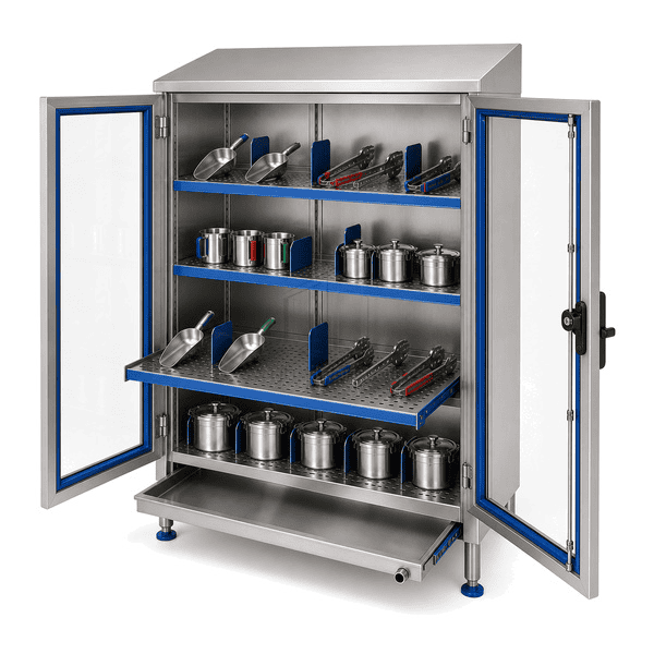 Open clean utensil cabinet showing removable shelf dividers drain tray and support rails