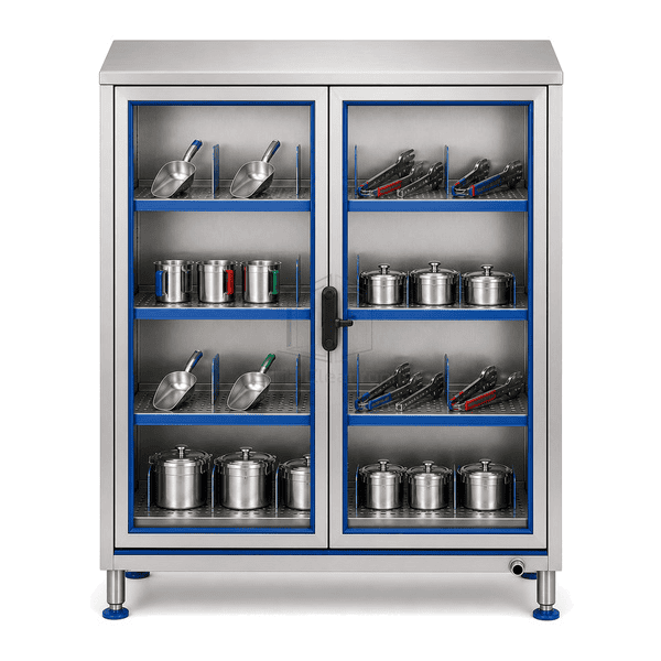 Front view of clean utensil cabinet and visible divided shelf zones