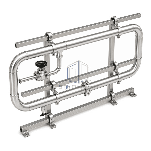 Complete clean vacuum piping elevated rear-left view emphasizing the two-level 316L header axis, long-radius returns and supported route