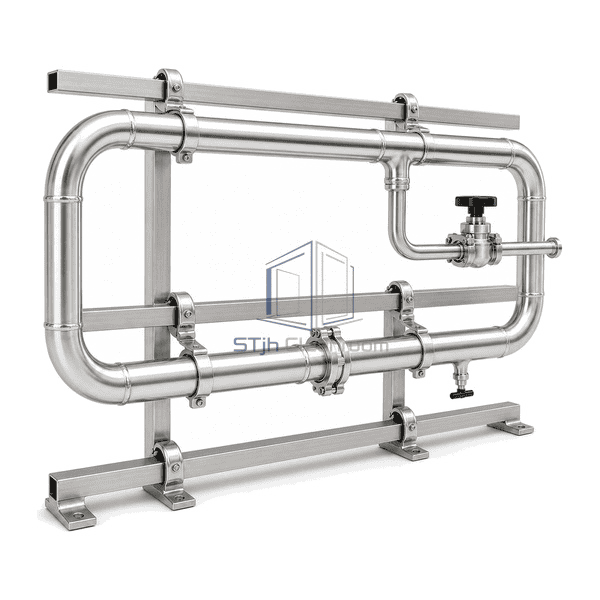 Complete clean vacuum piping low front-left view emphasizing the diaphragm valve, point-of-use ferrule, clamp union and low-point drain