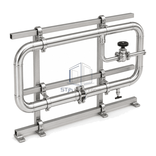 Complete clean vacuum piping side view with one controlled joint section exposing the 316L tube wall, smooth bore and sanitary seal interface