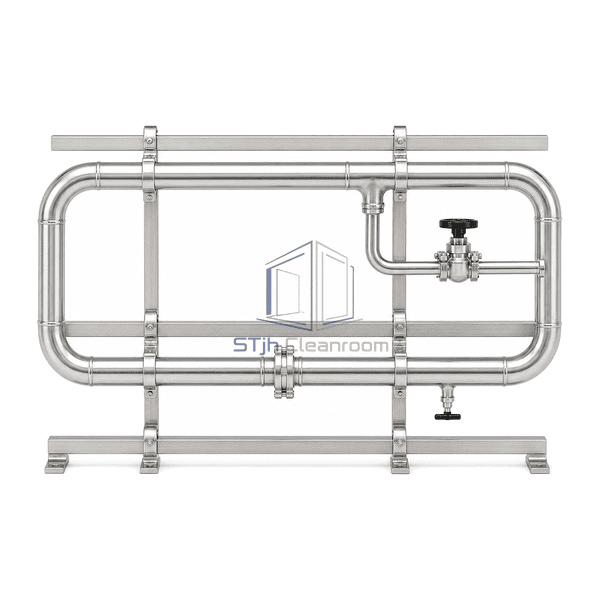 Clean vacuum piping straight front elevation showing four 50.8 mm ring sections, four main elbows, one reducing tee and four hygienic holders