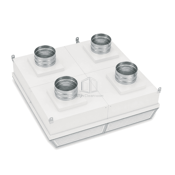 High-angle top view of clean ward supply ceiling with four independent circular inlet collars and corner hangers