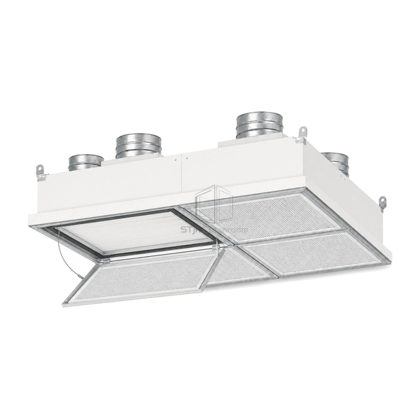 Complete clean ward supply ceiling with one hinged diffuser open to show the H14 filter and gel-seal retaining interface