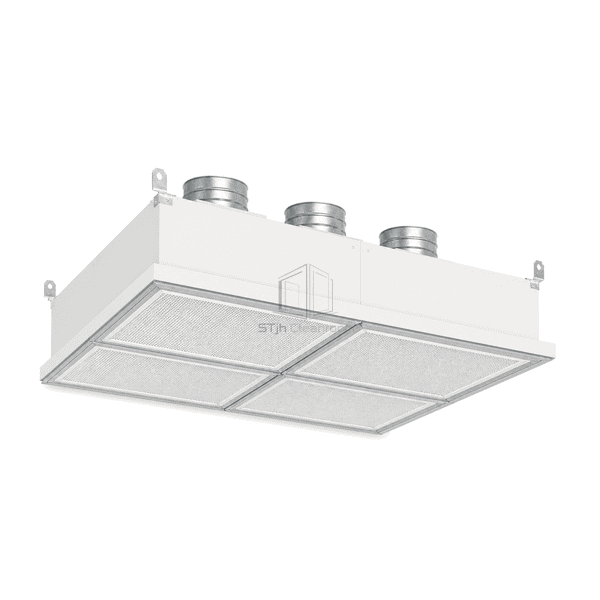 Left-side view of clean ward supply ceiling showing shallow module depth, diffuser rails and suspension lugs
