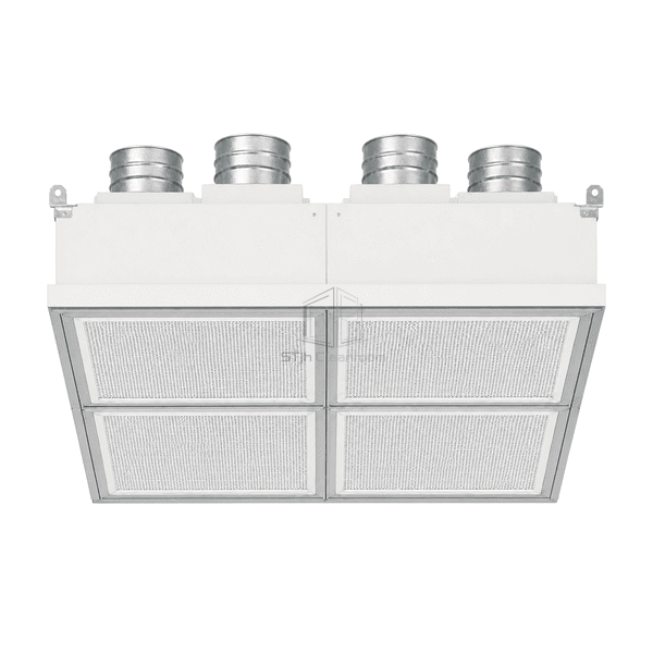 Front underside view of clean ward supply ceiling showing the square two-by-two diffuser grid and four duct collars