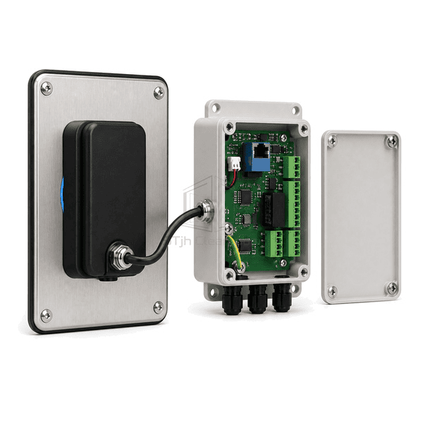 Rear view of door contact, lock and request-to-exit terminals