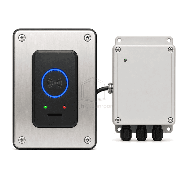 Front view of black contactless reader and green red status lights