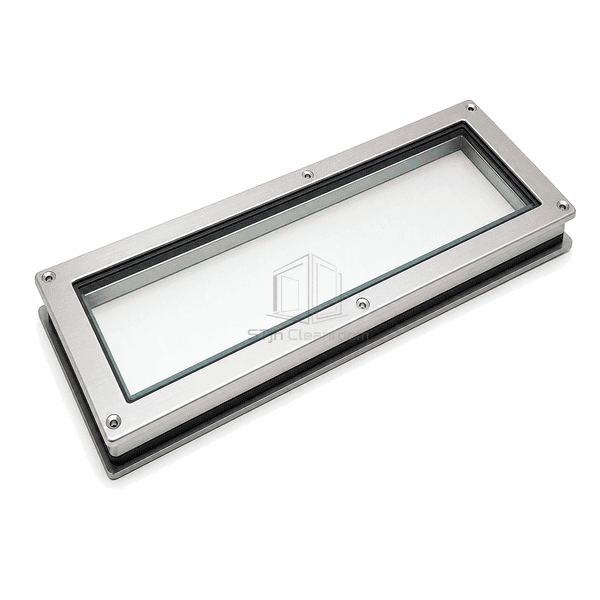 Complete cleanroom access door assembly with installed observation window