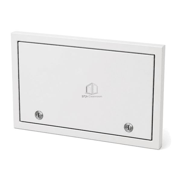 Complete horizontal view of the white cleanroom access panel with twin compression latches