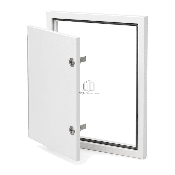Open cleanroom access panel showing the continuous silicone gasket and two rear cam-latch tongues