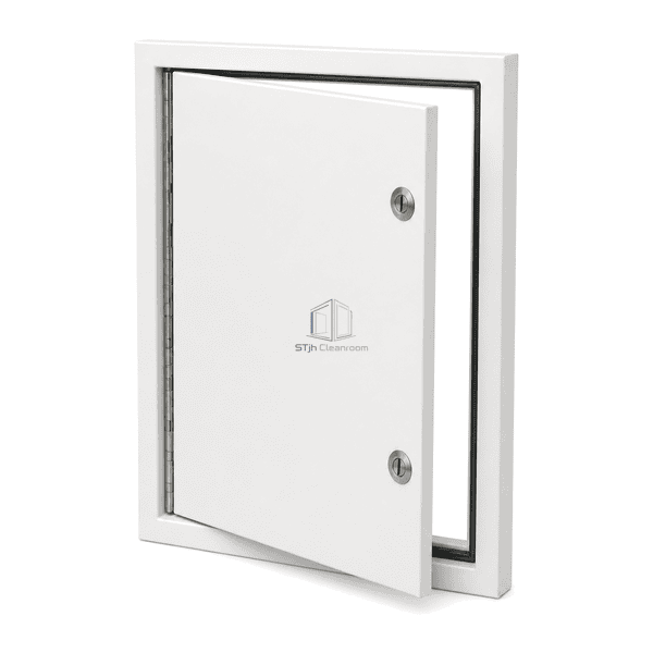 Partly open side view showing the cleanroom access panel frame depth, concealed hinge and gasket