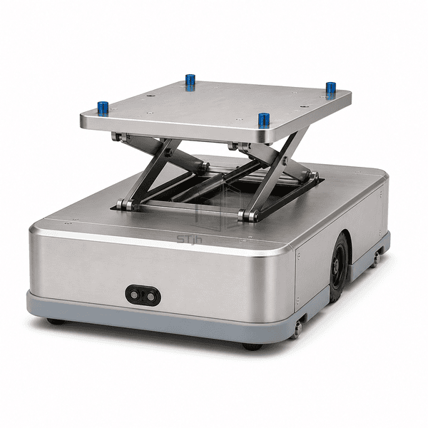 Cleanroom AGV rear view showing charging contacts