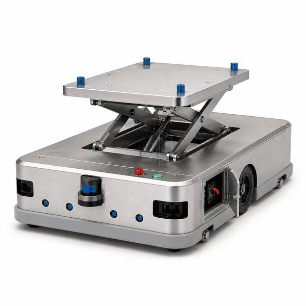 Complete cleanroom AGV with open sealed battery service panel