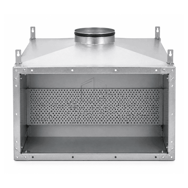 Front terminal opening view of galvanized diffuser plenum box