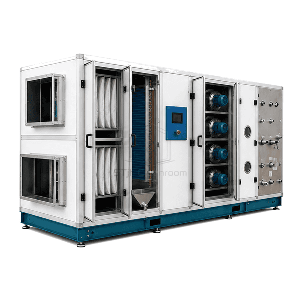 Cutaway cleanroom AHU showing filters cooling coil drain pan and fan
