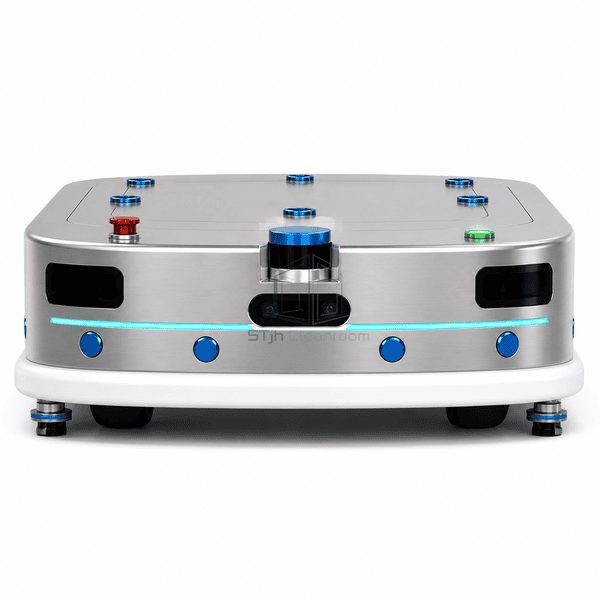 Stainless autonomous mobile robot viewed straight from the sensor front