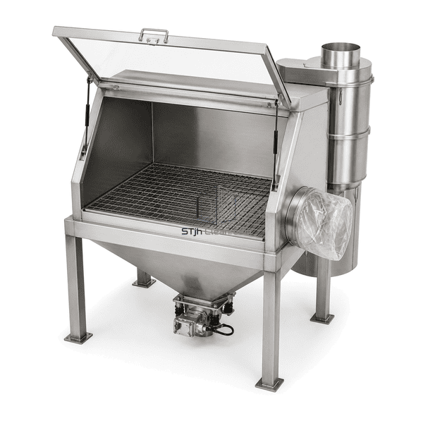 High-angle view of the loading shelf, grate and radiused hopper