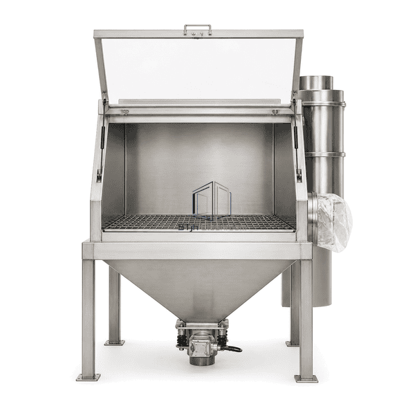 Front view into the sack-emptying hood and safety grate