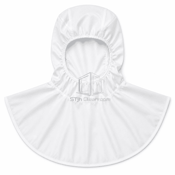 Cleanroom balaclava hood laid flat showing bound seams and full cape
