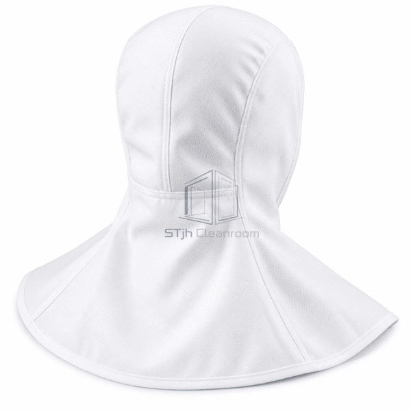 Cleanroom balaclava hood rear view showing crown and cape seam construction