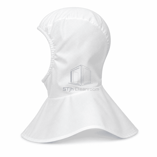 Cleanroom balaclava hood side profile with extended shoulder coverage