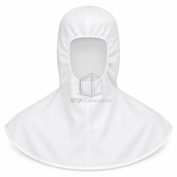 Cleanroom balaclava hood front view showing oval facial aperture and cape